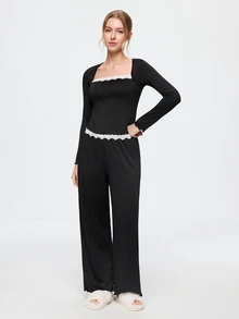 Bonmuse Y2K Style Women's Pajama Set With Lace Trim And Bow Decor Cozy And Elegant Details, Fall Winter Clothes - Black - View 4