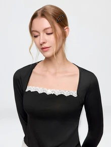 Bonmuse Y2K Style Women's Pajama Set With Lace Trim And Bow Decor Cozy And Elegant Details, Fall Winter Clothes - Black - View 7