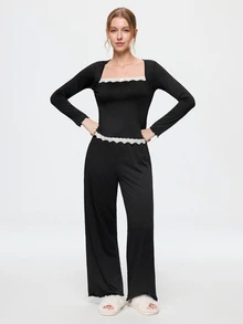 Bonmuse Y2K Style Women's Pajama Set With Lace Trim And Bow Decor Cozy And Elegant Details, Fall Winter Clothes - Black - View 3