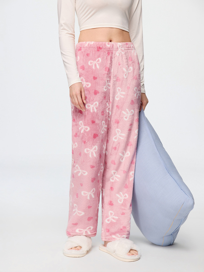 Bonmuse Women's Autumn/Winter Pink Flannel Pajama Pants, Cute Bow & Heart All-Over Print Straight Leg Long Pants, Thickened Warm Comfortable Skin-Friendly Coral Fleece Loungewear