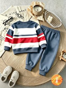 SHEIN Fashionable Crew Neck Sweatshirt And Long Pants Sports Set For Autumn, Contrast Color Striped And Fashionable Graphic Design, Suitable For Holiday Gatherings And Parties, First Choice For Little Boys In Spring, Autumn And Winter, Fashionable Casual Wear - Dusty Blue - View 2