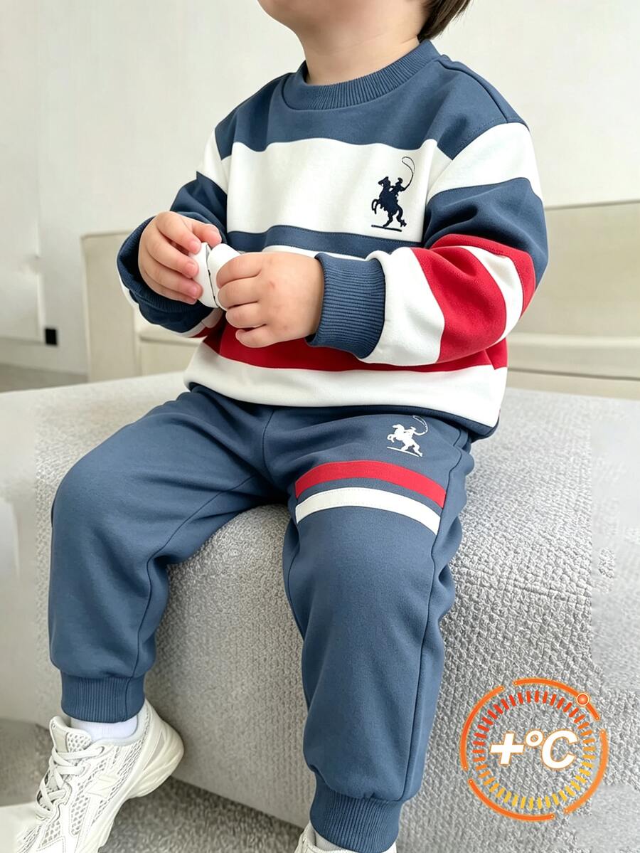 SHEIN Fashionable Crew Neck Sweatshirt And Long Pants Sports Set For Autumn, Contrast Color Striped And Fashionable Graphic Design, Suitable For Holiday Gatherings And Parties, First Choice For Little Boys In Spring, Autumn And Winter, Fashionable Casual Wear - Dusty Blue - View 1