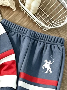 SHEIN Fashionable Crew Neck Sweatshirt And Long Pants Sports Set For Autumn, Contrast Color Striped And Fashionable Graphic Design, Suitable For Holiday Gatherings And Parties, First Choice For Little Boys In Spring, Autumn And Winter, Fashionable Casual Wear - Dusty Blue - View 6