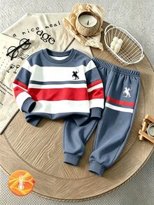 SHEIN Fashionable Crew Neck Sweatshirt And Long Pants Sports Set For Autumn, Contrast Color Striped And Fashionable Graphic Design, Suitable For Holiday Gatherings And Parties, First Choice For Little Boys In Spring, Autumn And Winter, Fashionable Casual Wear - Dusty Blue - View 3