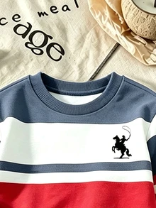 SHEIN Fashionable Crew Neck Sweatshirt And Long Pants Sports Set For Autumn, Contrast Color Striped And Fashionable Graphic Design, Suitable For Holiday Gatherings And Parties, First Choice For Little Boys In Spring, Autumn And Winter, Fashionable Casual Wear - Dusty Blue - View 4