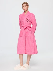 Bonmuse 1pc Women's Solid Color Minimalist Elegant Plush Robe, Warm And Comfortable, Suitable For Home And Bath, Autumn/Winter - Hot Pink - View 3