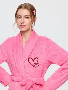 Bonmuse 1pc Women's Solid Color Minimalist Elegant Plush Robe, Warm And Comfortable, Suitable For Home And Bath, Autumn/Winter - Hot Pink - View 7