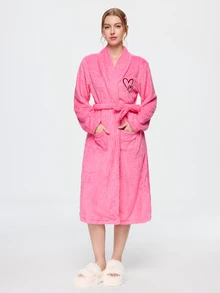 Bonmuse 1pc Women's Solid Color Minimalist Elegant Plush Robe, Warm And Comfortable, Suitable For Home And Bath, Autumn/Winter - Hot Pink - View 1