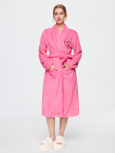 Bonmuse 1pc Women's Solid Color Minimalist Elegant Plush Robe, Warm And Comfortable, Suitable For Home And Bath, Autumn/Winter