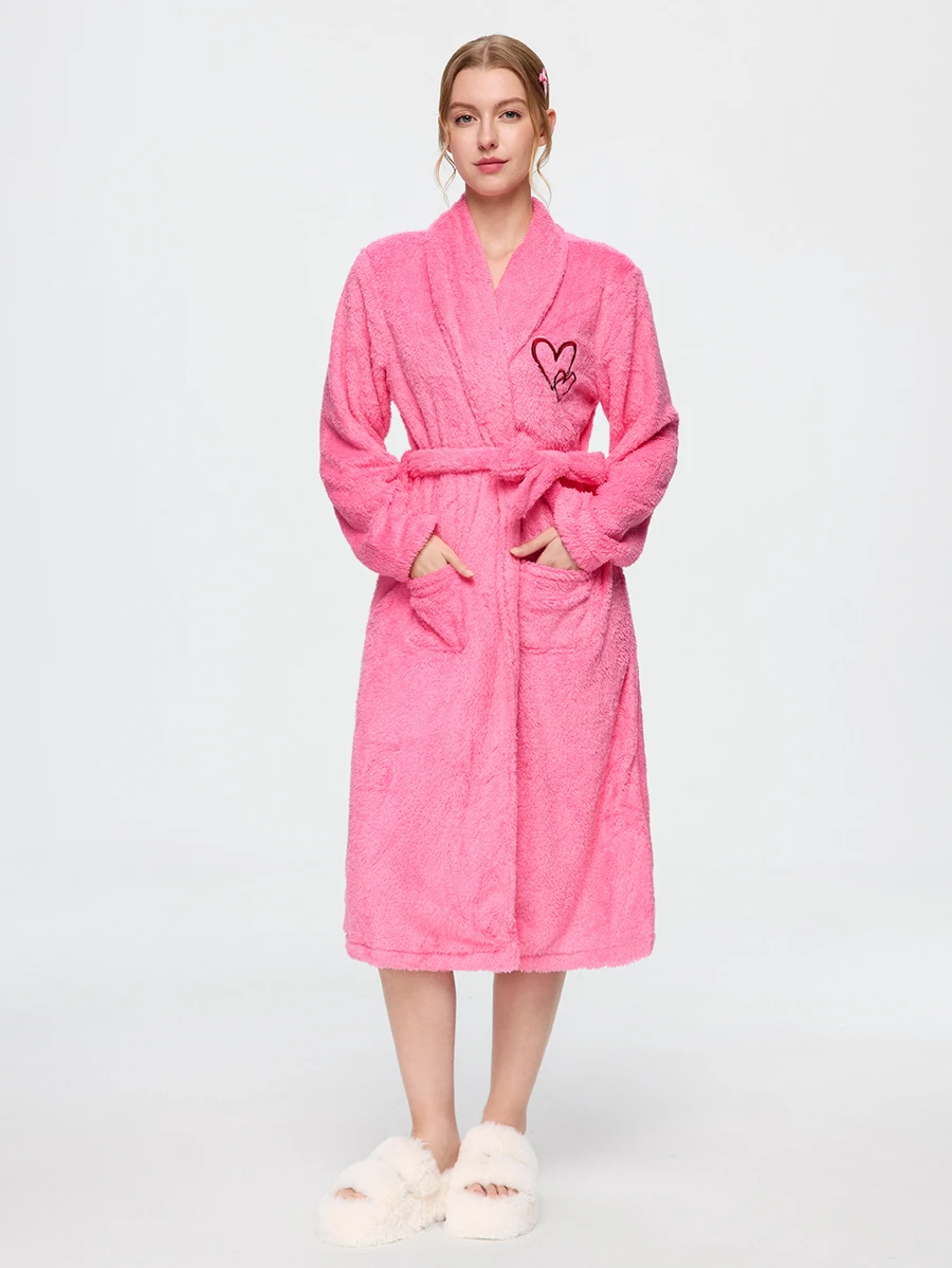 Bonmuse 1pc Women's Solid Color Minimalist Elegant Plush Robe, Warm And Comfortable, Suitable For Home And Bath, Autumn/Winter - Hot Pink - View 1