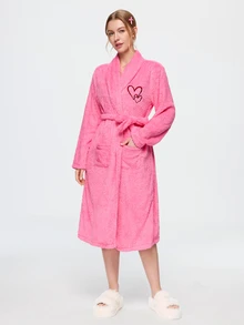 Bonmuse 1pc Women's Solid Color Minimalist Elegant Plush Robe, Warm And Comfortable, Suitable For Home And Bath, Autumn/Winter - Hot Pink - View 8