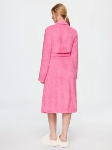 Bonmuse 1pc Women's Solid Color Minimalist Elegant Plush Robe, Warm And Comfortable, Suitable For Home And Bath, Autumn/Winter - Hot Pink - View 2