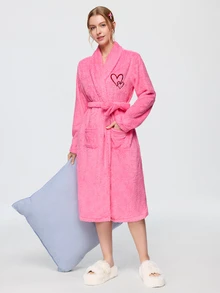 Bonmuse 1pc Women's Solid Color Minimalist Elegant Plush Robe, Warm And Comfortable, Suitable For Home And Bath, Autumn/Winter - Hot Pink - View 5