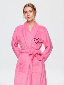 Bonmuse 1pc Women's Solid Color Minimalist Elegant Plush Robe, Warm And Comfortable, Suitable For Home And Bath, Autumn/Winter - Hot Pink - View 6