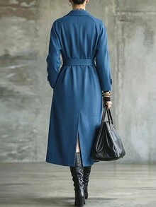 Omancia Women's Autumn/Winter Button Long Sleeve Denim Effect Trench Coat Jacket - Blue - View 2