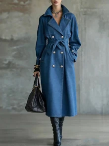 Omancia Women's Autumn/Winter Button Long Sleeve Denim Effect Trench Coat Jacket - Blue - View 1