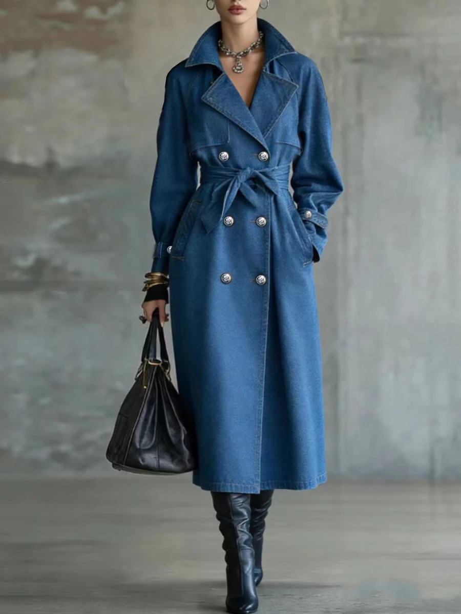 Omancia Women's Autumn/Winter Button Long Sleeve Denim Effect Trench Coat Jacket - Blue - View 1