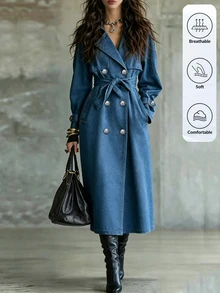 Omancia Women's Autumn/Winter Button Long Sleeve Denim Effect Trench Coat Jacket - Blue - View 3