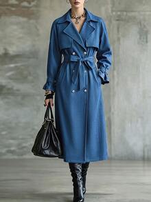 Omancia Women's Autumn/Winter Button Long Sleeve Denim Effect Trench Coat Jacket - Blue - View 4