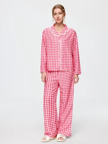 Bonmuse 2pcs Women's Plaid Print Lace Patchwork Long Sleeve Pajama Top + Elastic Waist Long Pants Loungewear Set - Red - View 1