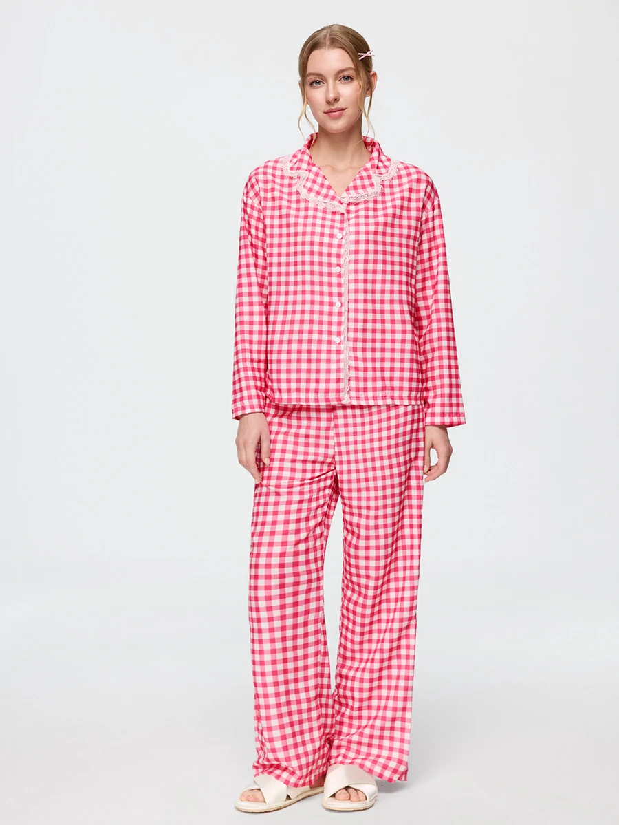 Bonmuse 2pcs Women's Plaid Print Lace Patchwork Long Sleeve Pajama Top + Elastic Waist Long Pants Loungewear Set - Red - View 1