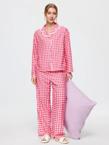 Bonmuse 2pcs Women's Plaid Print Lace Patchwork Long Sleeve Pajama Top + Elastic Waist Long Pants Loungewear Set - Red - View 8