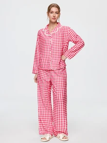 Bonmuse 2pcs Women's Plaid Print Lace Patchwork Long Sleeve Pajama Top + Elastic Waist Long Pants Loungewear Set - Red - View 3