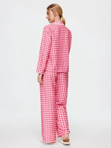 Bonmuse 2pcs Women's Plaid Print Lace Patchwork Long Sleeve Pajama Top + Elastic Waist Long Pants Loungewear Set - Red - View 2