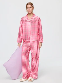 Bonmuse 2pcs Women's Plaid Print Lace Patchwork Long Sleeve Pajama Top + Elastic Waist Long Pants Loungewear Set - Red - View 5