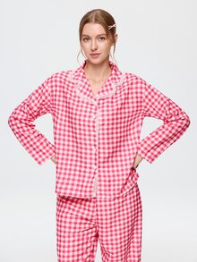 Bonmuse 2pcs Women's Plaid Print Lace Patchwork Long Sleeve Pajama Top + Elastic Waist Long Pants Loungewear Set - Red - View 7
