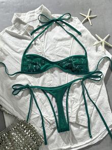 Costavie Conjunto de Bikini de 2 Piezas con Top Bandeau Halter de Tela Texturizada con Lentejuelas Florales y Braguita Tanga con Cordones Laterales para Vacaciones de Playa Primavera/Verano - Verde - Ver 3