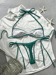 Costavie Conjunto de Bikini de 2 Piezas con Top Bandeau Halter de Tela Texturizada con Lentejuelas Florales y Braguita Tanga con Cordones Laterales para Vacaciones de Playa Primavera/Verano - Verde - Ver 4