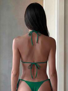 Costavie Conjunto de Bikini de 2 Piezas con Top Bandeau Halter de Tela Texturizada con Lentejuelas Florales y Braguita Tanga con Cordones Laterales para Vacaciones de Playa Primavera/Verano - Verde - Ver 2