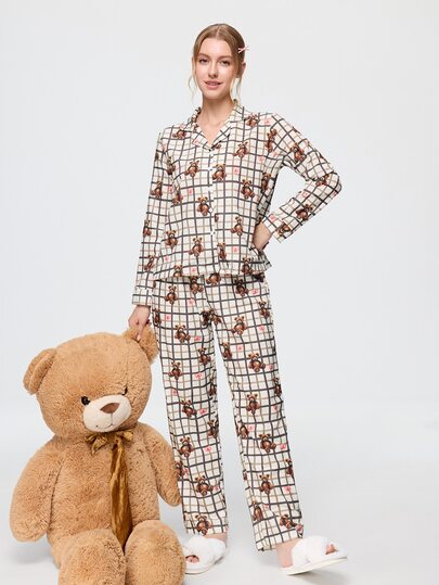 Bonmuse 2pcs Women Notched Collar Long Sleeve Pajama Set - Shirt And Pants, Comfortable Casual Sleepwear Homewear Suit