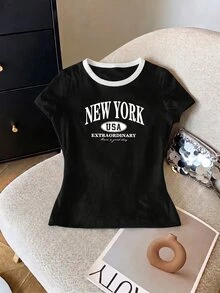 SHEIN Sparklyn 青少年女孩英文圖案印花短版短袖T恤，黑白配色夏季街頭風校園返校休閒度假禮物 - 彩色 - 查看 1