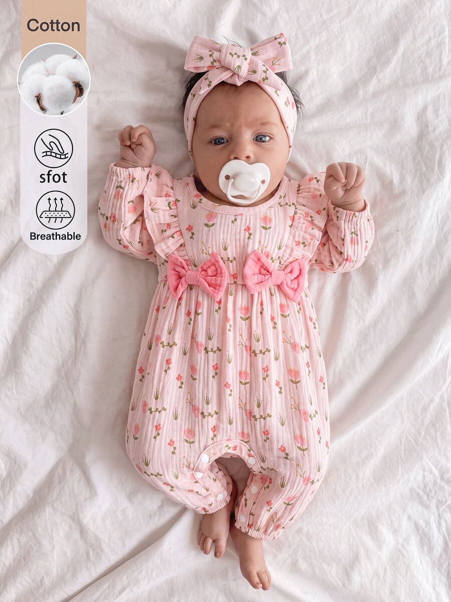 SHEIN 2pcs Newborn Baby Girl Floral Print Long Sleeve Romper, Sweet Ruffle Trim Bow Decor Jumpsuit Outfit With Adorable Matching Headband, Cute Clothes - Baby Pink - View 1