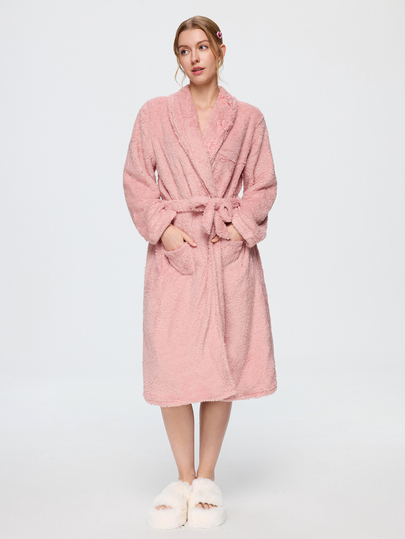 Bonmuse Soft Pink Coral Fleece Women's Robe, Exquisite Floral Embroidery Collar, Waist-Cinched Design, Loose Long Style With Pockets, Soft Skin-Friendly Home Bathrobe Morning Robe Comfortable To Wear