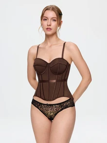Bonmuse 1pc Mesh Fishbone Bustier Sexy Sheer Shapewear Camisole Backless Fitted Spaghetti Strap Top - Brown - View 6