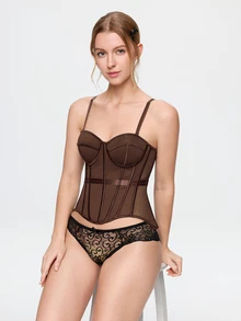 Bonmuse 1pc Mesh Fishbone Bustier Sexy Sheer Shapewear Camisole Backless Fitted Spaghetti Strap Top - Brown - View 1