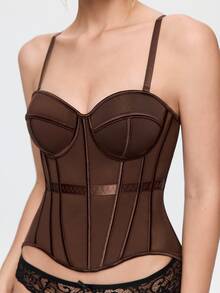 Bonmuse 1pc Mesh Fishbone Bustier Sexy Sheer Shapewear Camisole Backless Fitted Spaghetti Strap Top - Brown - View 7