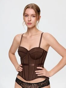 Bonmuse 1pc Mesh Fishbone Bustier Sexy Sheer Shapewear Camisole Backless Fitted Spaghetti Strap Top - Brown - View 9