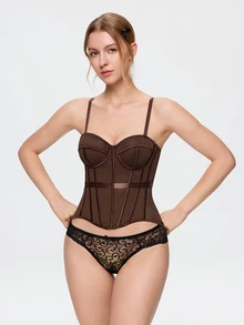 Bonmuse 1pc Mesh Fishbone Bustier Sexy Sheer Shapewear Camisole Backless Fitted Spaghetti Strap Top - Brown - View 3