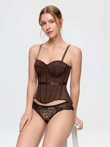 Bonmuse 1pc Mesh Fishbone Bustier Sexy Sheer Shapewear Camisole Backless Fitted Spaghetti Strap Top - Brown - View 8