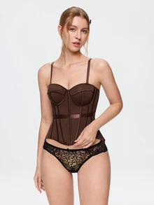 Bonmuse 1pc Mesh Fishbone Bustier Sexy Sheer Shapewear Camisole Backless Fitted Spaghetti Strap Top - Brown - View 4