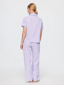 Bonmuse Cream Textured Shell Trim Lapel Short Sleeve Top + Taro Purple Casual Long Pants 100% Cotton Loungewear Set - Purple - View 3
