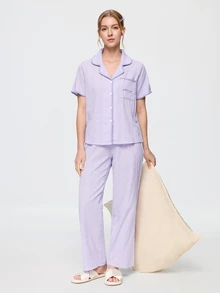 Bonmuse Cream Textured Shell Trim Lapel Short Sleeve Top + Taro Purple Casual Long Pants 100% Cotton Loungewear Set - Purple - View 2
