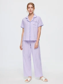 Bonmuse Cream Textured Shell Trim Lapel Short Sleeve Top + Taro Purple Casual Long Pants 100% Cotton Loungewear Set - Purple - View 5