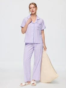Bonmuse Cream Textured Shell Trim Lapel Short Sleeve Top + Taro Purple Casual Long Pants 100% Cotton Loungewear Set - Purple - View 8