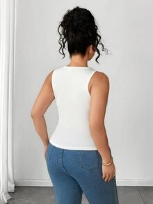 Elenzga Plus Size Women's Casual Comfortable Pure White Knitted Ribbed Crew Neck Tank Top With Chest Padding, Versatile For Daily Wear - White - View 6