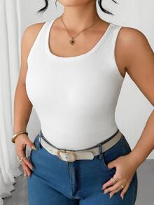 Elenzga Plus Size Women's Casual Comfortable Pure White Knitted Ribbed Crew Neck Tank Top With Chest Padding, Versatile For Daily Wear - White - View 2